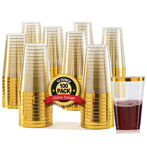 100 Gold Plastic Cups 12 Oz Gold Glitter With A Gold Rim - Premium Disposable Party Cups - Elegant And Classy Sturdy Cups - Weddings Birthdays Anniversaries And Other Social Events #TOP7
