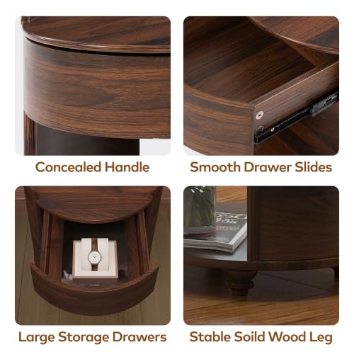 Image of Chogori Solid Wood End Table Set of 2 with Drawer & Storage Shelf - Walnut Round Accent Nightstand, Farmhouse Side Table for Small Spaces, Living Room, Easy Assembly