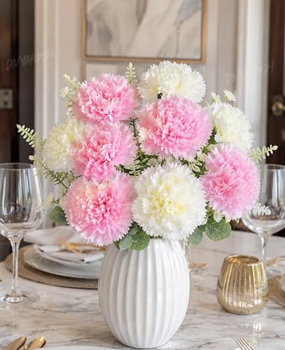Image of Divyakosh Artificial Flowers Bunch (Vase Not Included), Pink & White Carnation Bouquet - 7 Flower Heads, Artificial Flower for Vase, Flower Bouquet Gift for Living Room,Table Office, Centerpiece