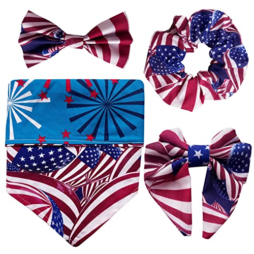 4th of July Dog Bandanas for Boy Girl 4 Pack, Reversible American Flag Scarves Dog Collar Bow Ties & Scrunchie & Butterfly Hair Clips, Pet Patriotic Scarf Bibs for Small Medium Large Dogs Owner Mom