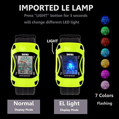FANMIS Children's Car Shaped Multi-Function Waterproof Alarm Stopwatch Sports Watch Students Lovely Gift Green Case Black Rubber Watch - Thumbnail 4