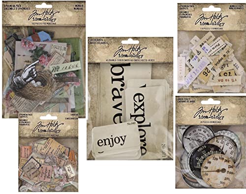 Tim Holtz Idea-Ology 2022 Memoir Ephemera Pack, Flashcards, Curator Snippets, Number Snippets And Gauge Dials - 538 Pieces, Bundle Of 5 Packages (Th94221, Th94222, Th94224, Th94225, Th94152) #TOP11