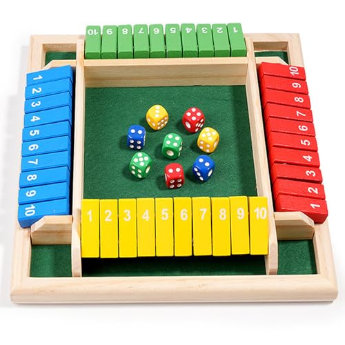 FaJoek Shut The Box Game, Cierra la Caja Juego con 2 Dados, Juego de Mesa de Madera, Shut The Box Board Game para 4 Jugadores, Juego Flop de Cuatro Lados (Color-)