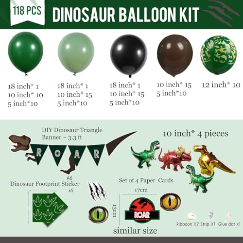 Image of Dinosaur Birthday Party Decorations hunter Green black brown balloon arch kit with mini dino Foil balloons ROAR Banner Dinosaur eye stickers for jungle adventure Boy Scouts three rex Jurassic Supplies
