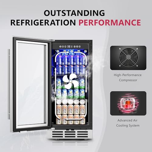 Image of Icyglee 15'' Beverage Refrigerator Cooler - 126 Cans Under Counter Beverage Fridge with LED Light, Built-in Design, Wine Cooler for Home /Kitchen