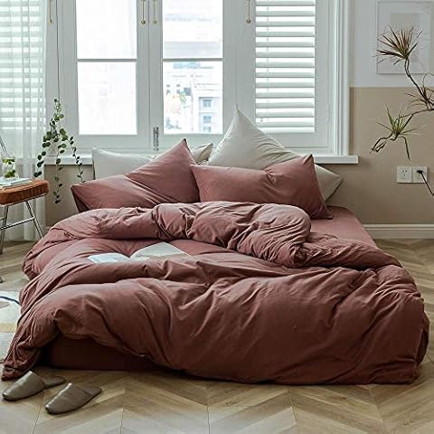 AMWAN Brick Red Duvet Cover Twin Knitted Cotton Solid Color Bedding Set Simple Style Jersey Knit Cotton Comforter Cover Solid Red Bedding Collection 1 Duvet Cover with 2 Pillowcases Twin Cover