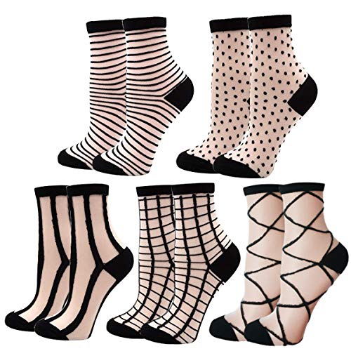 Image of DXYAKY Sheer Mesh Transparent Socks for Women Ultra-thin Lace Fishnet See Through Ankle Novelty Casual Floral Socks