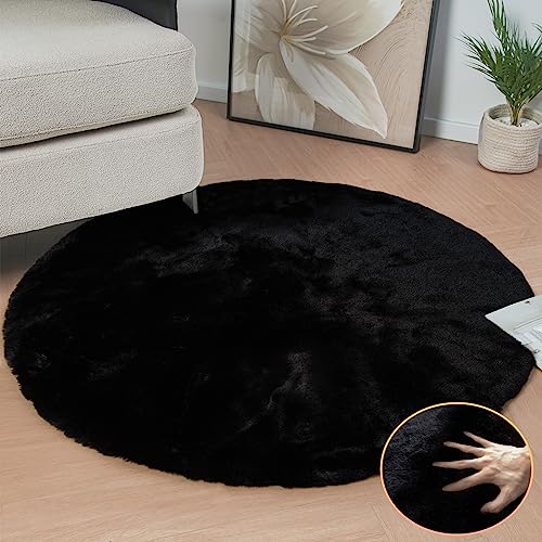 Black Rabbit Shaggy Fur Rug for Bedroom Washable Furry Circle Area Rugs for Living Room Kids Small Round Rug 3ft Nursery Rug