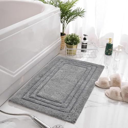 Image of Cotton Linea Design Bath Mat | Anti Slip Anti Skid Backing Absorbent Soft Tufted Floor Rug for Bathroom Kitchen Bedroom Pooja Room Home Decor (50X80 CM, Light Grey)