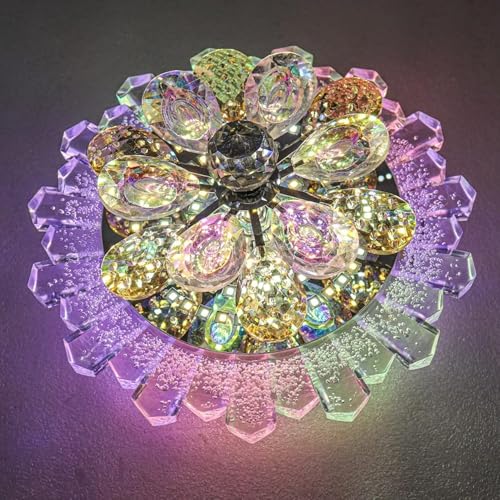 Image of Round Crystal Flower Ceiling Light with Rotating Multi-Colour LED, Decorative Chandelier Lamp for Living Room Bedroom Hallway Event Decor, Dimmable Lighting Fixture 7 x 7 x 2 Inch
