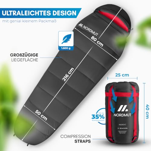 NORDMUT® Schlafsack Erwachsene – kleines Packmaß & Ultraleicht (900/1500g) – 3-Jahreszeiten (250 GSM) & Sommerschlafsack (100 GSM)… – Ansicht 5