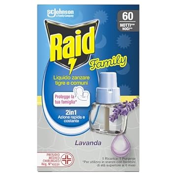 Raid Family Liquido Elettrico Antizanzare Comuni e Tigre Ricarica, Fragranza alla Lavanda, 1 Confezione da 36ml, 60 Notti