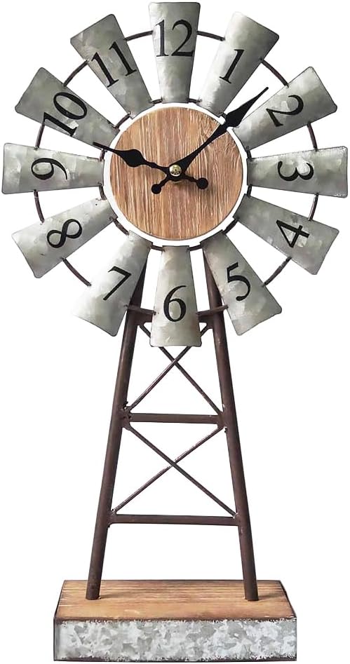 Galvanized Windmill Table Clock on Stand,Vintage Desk and Shelf Clock,Decorative Farmhouse Kitchen Clock Mantel Clock,Rustic Windmill Decor