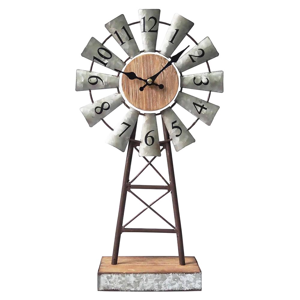 MODE HOME Farmhouse Windmill Desk Clock - 15.75 Inch Galvanized Metal Table Clock with Blades, Small Decorative Office Clock, Battery Operated Rustic Farmhouse Clock for Tabletop & Shelf Decor