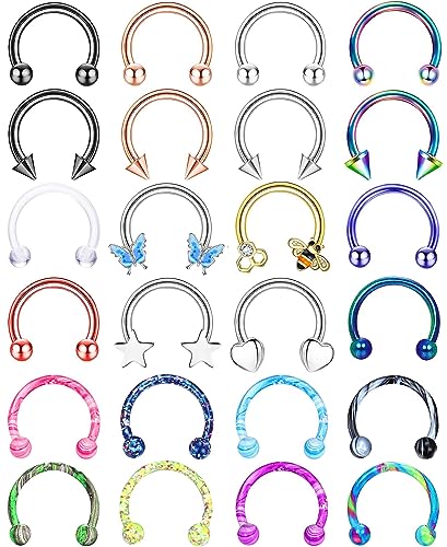 BESTEEL 24 PCS Septum Nose Rings for Women 16G - Hypoallergenic Horseshoe Lip Daith Piercing Jewelry Cute Small Stainless Surgical Steel Rook Conch Helix Tragus Daith Cartilage Earrings Hoops Set 10mm