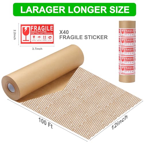 Honeycomb Packing Paper 30CM X 30M Moving Suppliers Bubble Cushioning Wrap Paper Roll for Moving/Shipping/Packing with 80 Fragile Sticker Protective Eco Friendly & Recyclable (30CMX30M)