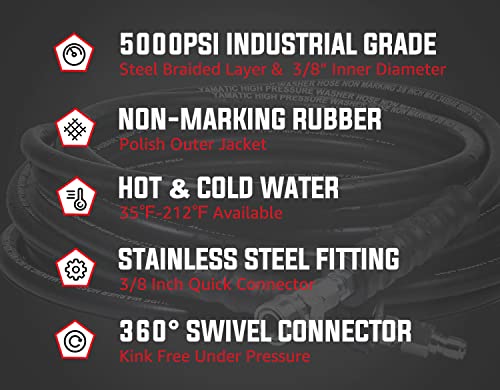 Yamatic 5000Psi Pressure Washer Hose 100Ft, 3/8" Non-Marking Rubber Gas Power Washer Replacement Hose Hot & Cold Water, Steel Wire Braided & Quick Connect, Compatible With Simpson, Champion, Craftsman #TOP1