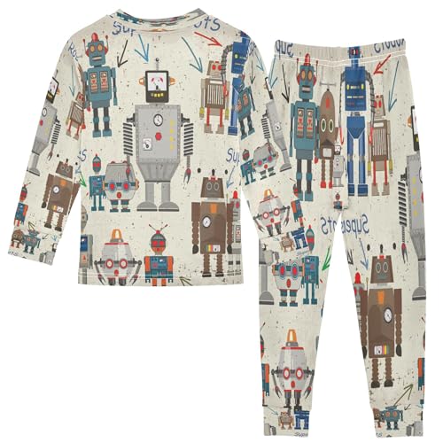 Cartoon Retro Robot Pajama Sets Long Sleeve Top with Pants Cotton Soft Sleepwear 2 Piece Pjs Set, 6 Years 0ld2