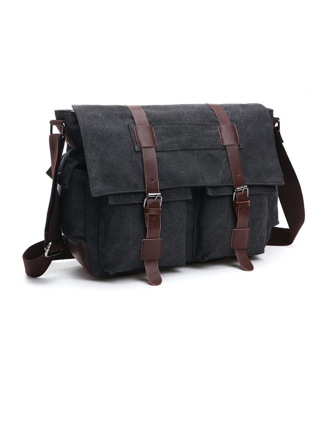 SOUGAO Messenger Bag for Men 14 15.6 Inch Canvas Laptop Computer Bag Leather Briefcase (Black)