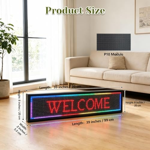 Image of P10 Programmable LED Sign 39 inch x 8 inch Outdoor Scrolling Message Board WiFi Control RGB Full Color High Brightness Digital Advertising Display for Business, Store, Bar, Restaurant