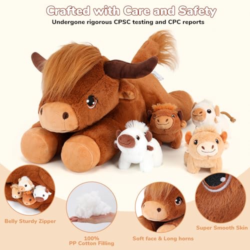 Image of gnomantic Highland Cow Stuffed Animals with Babies, Mommy Toy for Kids | 5-Piece set: 1 mommy highland cow + 4 surprise babies inside. Unzip belly to reveal babies. Ultra-soft, safe for ages 3-8.