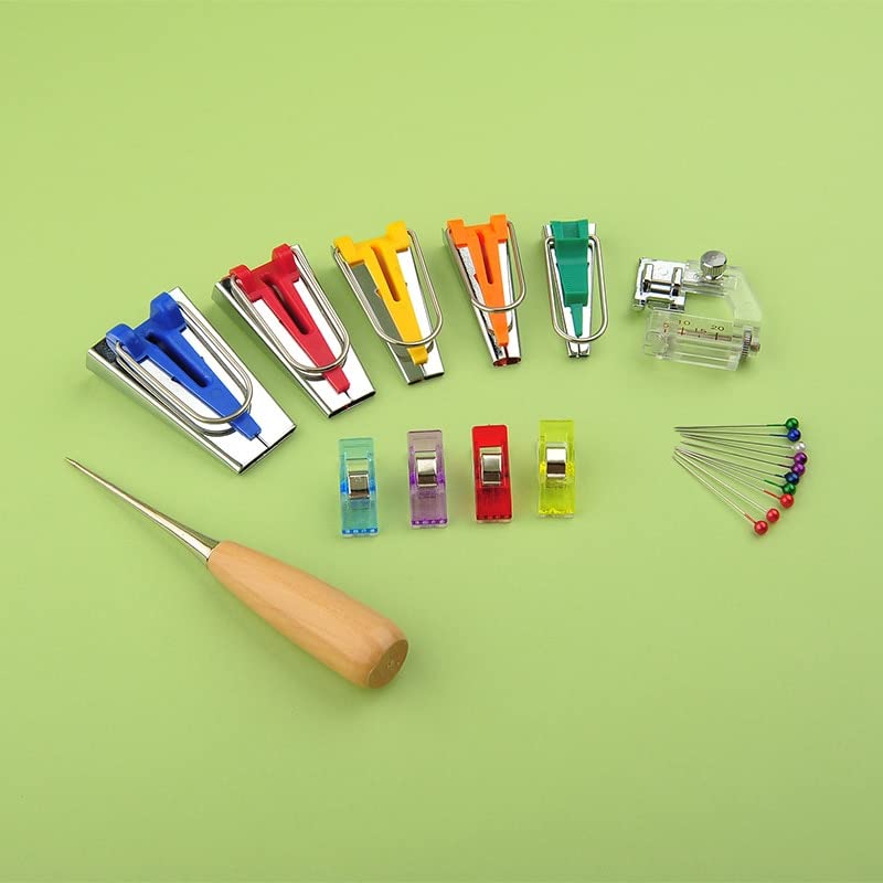 Sew Bias Tape Maker Kits with All 5sizes 6mm 9mm 12mm 18mm 25mm Binding Foot Craft Clips Awl Quilter's Pin - (Color: Multi, Style A)