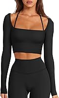 LASLULU Women's Sexy Square Neck Ribbed Seamless Long Sleeve Crop Top - Halter Neck Workout Yoga Shirt