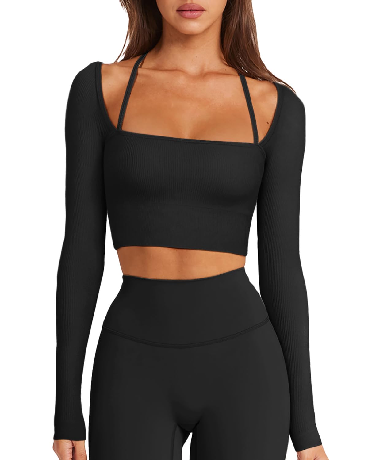 LASLULU Womens Sexy Square Neck Crop Top Ribbed Seamless Long Sleeve Workout Tops Halter Neck Athletic Yoga