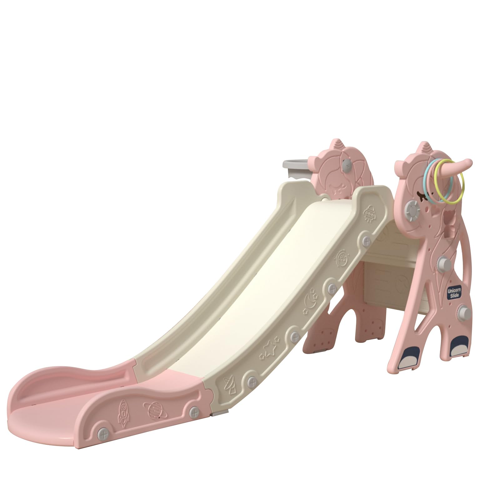 Zkiprm Tobogán Alargado Plegable 142CM, Toboganes Infantiles Exterior con Peldaños Totalmente Cerrados, Canasta de Baloncesto, Juguetes, Toboganes Infantiles para Interior y Exterior De 1 a 3 años