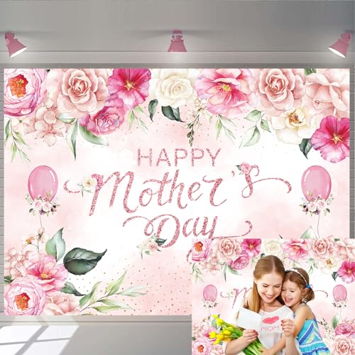 Happy Mother's Day Party Backdrop 7X5FT I Love Mom Photography Background Pink Flower Women Queen's Day Thanks Mama Banner Photo Background Happy Mother's Day Party Backdrop 7X5FT I Love Mom Photography Background Pink Flower Women Queen's Day Thanks Mama Banner Photo Background
