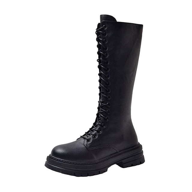 Knee High Boots Women Mide Calf Lace Up Combat Boots Round Toe Platform Boot Knee High Combat Shoes