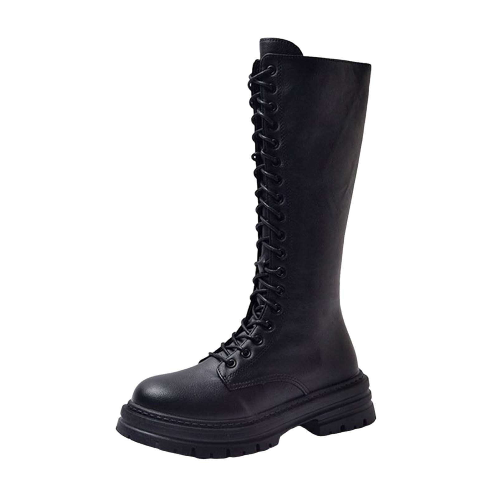Knee High Boots Women Mide Calf Lace Up Combat Boots Round Toe Platform Boot Knee High Combat Shoes