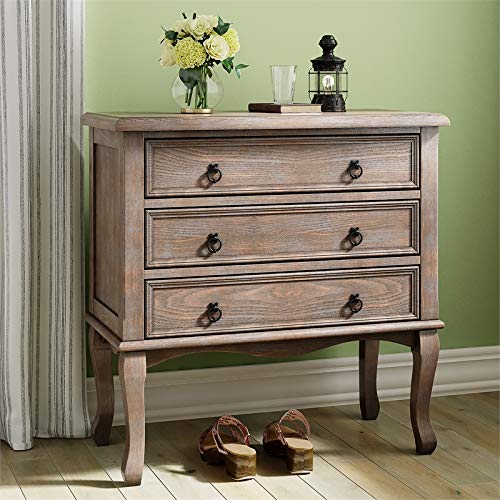 ClickDecor Thomas Antique Country Style Dresser Chest with 3 Drawers, Weathered Wood Nightstand Living Room Accent Furniture, Black Ring Handle, Curved Legs, Gray