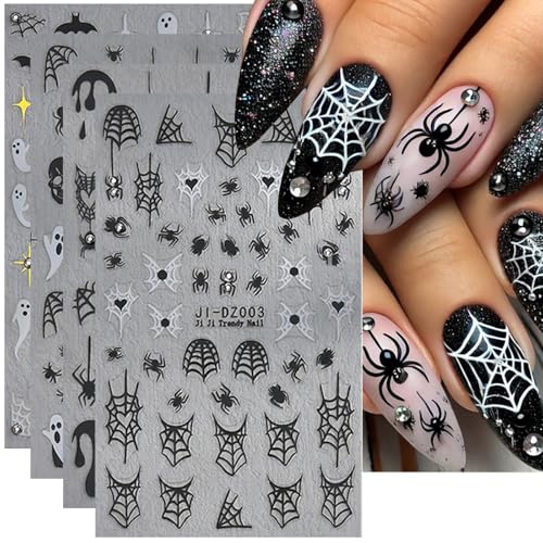 4Pcs Halloween Nail Stickers for Nail Art, Dark Halloween Crystal Spider Ghost Skull Nail Sticker Cartoon Bat Web Star Heart Designs Nails Adhesive Decals Holiday Manicure Supplies Decoration
