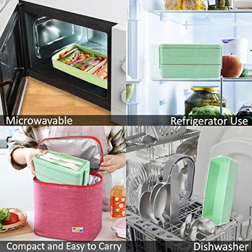 ESYNEST 3 Layer Lunch Box Bento Box, Leakproof Lids for Lunches at Work, School - 4 in 1 Bento Lunch Box with Fork & Spoon - 1000ml Lunch Box for Adults and Children Microwave Safe (Green)