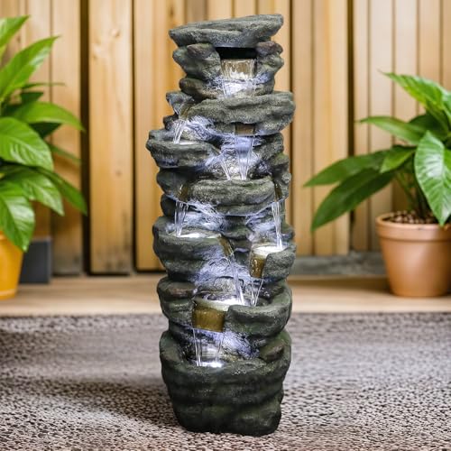 Image of SunJet 51 inch High Multi-Tiers Cascading Rock Outdoor Water Fountain with LED Lights - Large Outdoor Resin Fountains and Waterfalls for Garden or Patio, Yard, Deck Decor, Featuring Natural Stone Look