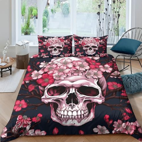 Housse de couette Crâne de Sakura King | Parure de lit gothique chic 3 pièces en microfibre douce - 2