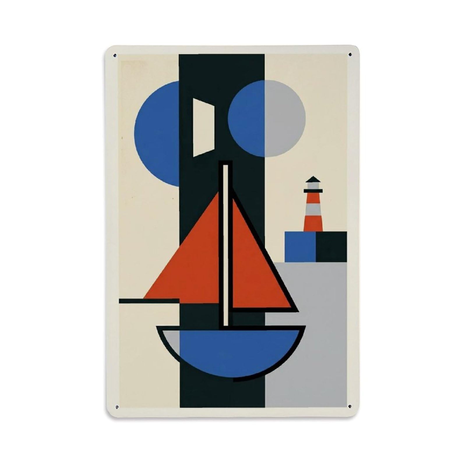 Vertical Shape Layout Seaside Sailboat Modern Blocks Metal Tin Sign Plaque Wall Decor for Cafe, Man Cave, Club Bar, Office, Home Garden Round Metal Poster 8x12Inch