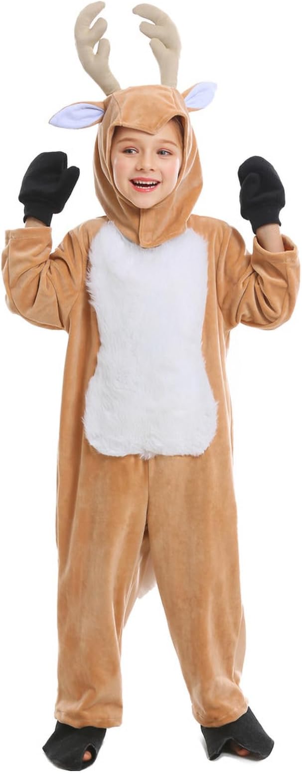 HIFONIKids Reindeer Costume, Children Christmas Reindeer Jumpsuit with Hood, Children Ones Piece Reindeer Costume, Christmas Elk Costume, for Stage Performances, Cosplay Parties