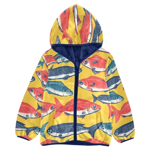 Fish Pattern on Yellow Toddler Fleece Jacket Girl Boys Hooded Fleece Jacket Coat Warm Outwear Zip-up 3-10T