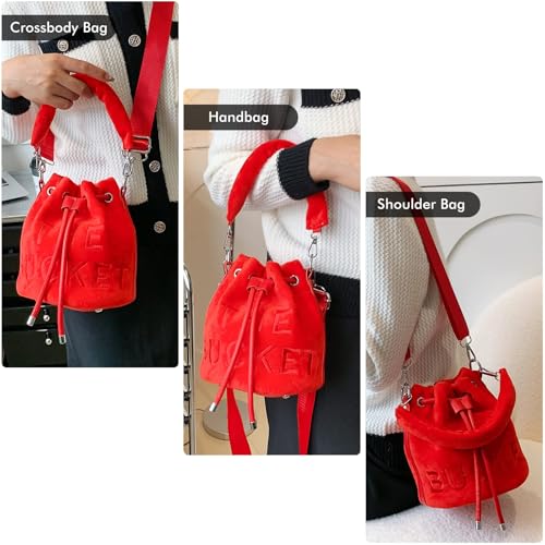 JQAliMOVV Mini Crossbody Bucket Bags for Women Trendy Velvet Bucket Purse Hobo Drawstring Handbags (Red) by JQAliMOVV - Used condition - Image 2