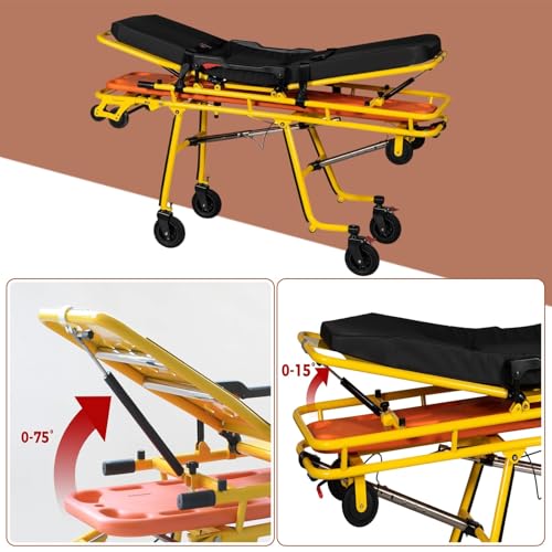 Aluminum Alloy Ambulance Stretcher with Automatic Loading Folding Stretcher Gurney Bed 440 Lbs Capacity Medical Transport Trolley with Adjustable Backrest Smooth Rolling Wheels - Thumbnail 3