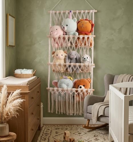 Image of Decazone Macrame Toy Hammock Organizer for Stuffed Animals | Handmade Cotton Rope Storage Net | Boho Wall Hanging Nursery Organizer | Corner Mesh Hammock for Kids Room & Home Decor (3 Tier)