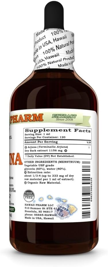 Arjuna (Terminalia Arjuna) Dry Bark Glycerite, Made in Hawaii, Raw Materials, All Natural, Vegan, Lab Tested Alcohol-Free Liquid Extract - 4 fl.oz