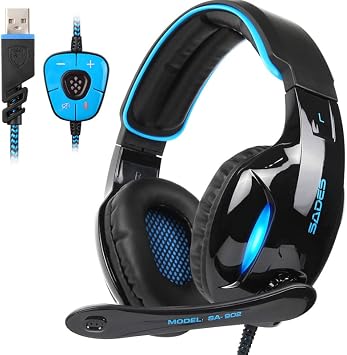 SADES SA902 Stereo Gaming Headset 7.1 USB Surround Sound PC Headset Over Ear Gaming Headphone with Mic LED Light Black Blue
