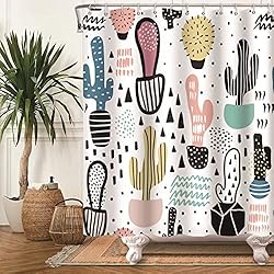 Cortina De Ducha Original Bovlleetd Planta de Cactus Cortina de Ducha Línea Abstracta Baño de Dibujos Animados Cortinas de Ducha Colorido Desierto Cactus Arte Cortinas Decoración de baño para niños Baño Hotel