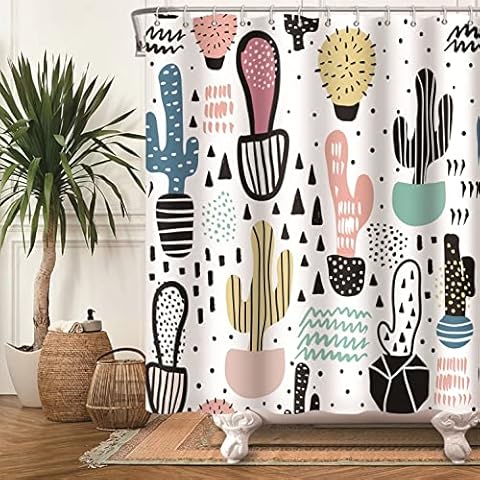 Bovlleetd Cactus Plant Shower Curtain Abstract Line Cartoon Bathroom Shower Curtains Colorful Desert Cactus Art Curtains Bathroom Decor for Kids Bathroom Hotel 71x71inch Cover