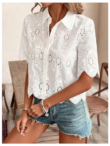 SweatyRocks Women's Short Sleeve Button Down Collared Blouses Embroidery Eyelet Top3