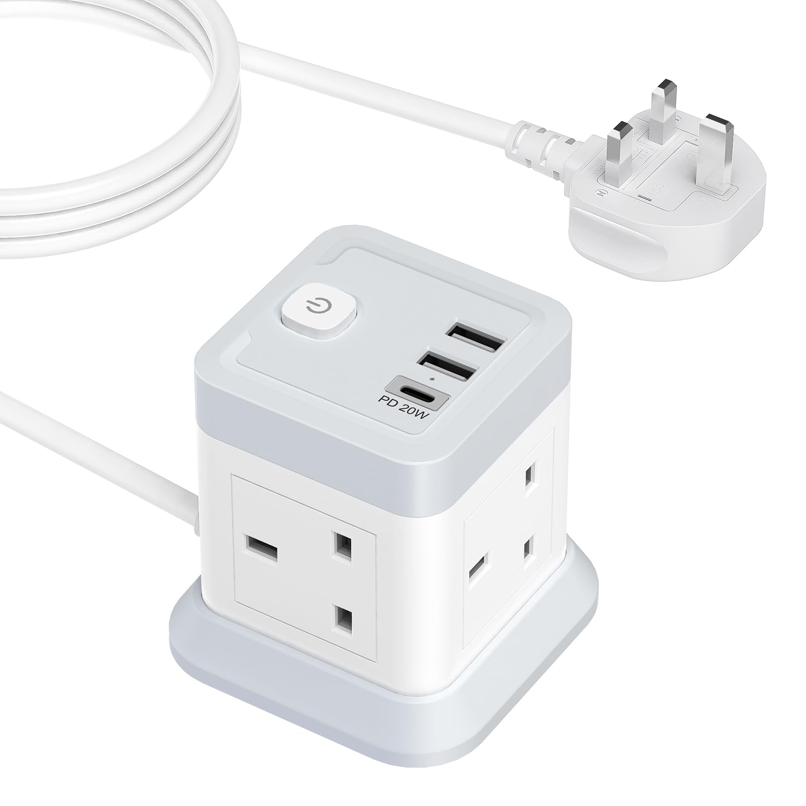 20W Extension Lead Cube with 3 USB Slots, BEVA 4 Way（3250W）Desktop Power Extension, USB C Fast Charging Power Strip with Multi Socket, 1.5M Extension Cable for Home Office Desk Dorm Travel White