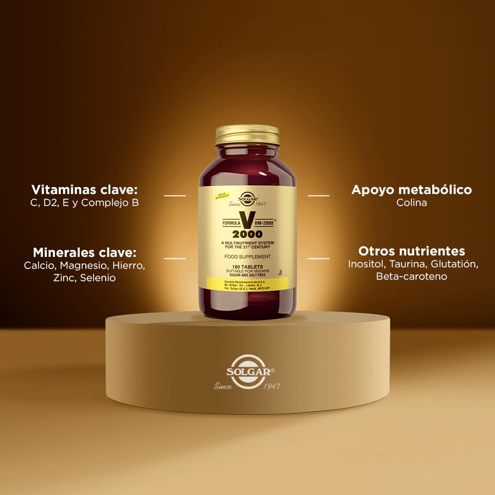 Solgar VM-2000 Fórmula Multinutriente de Alta Potencia | 180 Comprimidos | Con Vitaminas B, C, Hierro Bisglicinato y Aminoácidos | Reduce el Cansancio y Apoya el Metabolismo Energético | Vegano | Contiene zinc, apoya el sistema inmunológico saludable, veg